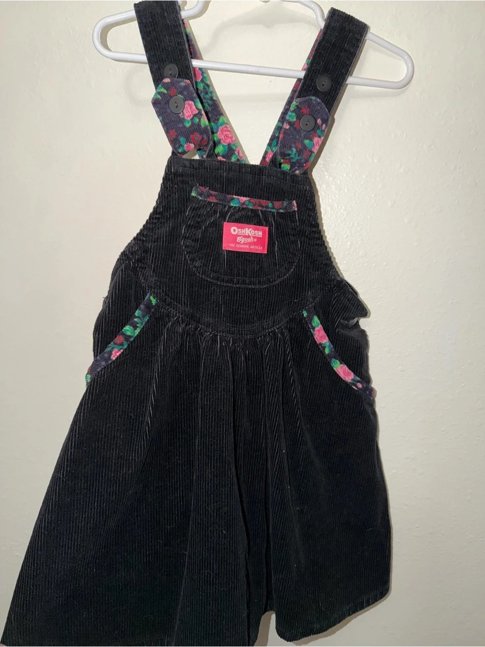 Oshkosh vintage overall dress black and floral pink corduroy 5T